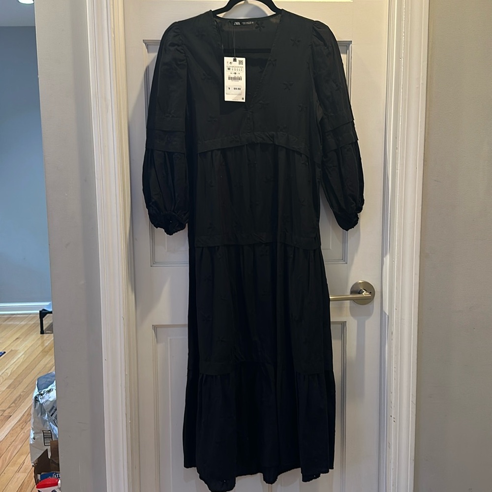 NWT ZARA Black Embroidered Dress M  Maxi Tiered Cotton 3/4  Sleeve Boho Style